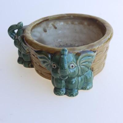 Majolica Elephant Planter Bowl Lucky Trunks Up Two Baby Elephants