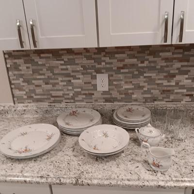 PARTIAL SET OF MIKASA DINNERWARE AND 8 GLASSES