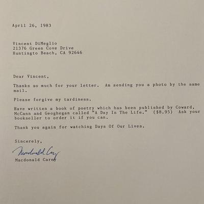 Macdonald Carey signed personal letter
