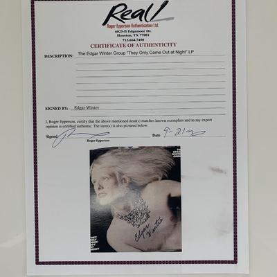 Edgar Winter signed The Only Come Out At Night album cover