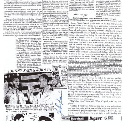 Johnny Sain signed newspaper clipping