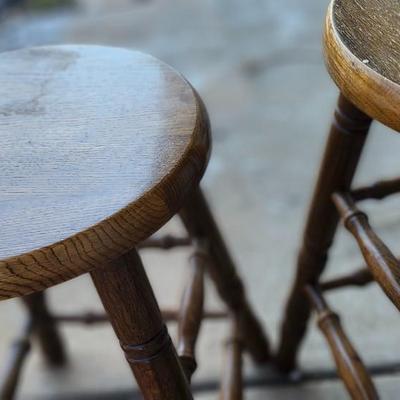 Two Vintage Rustic Farmhouse Oak Wood Round Bar Counter Stool