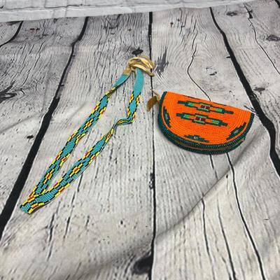 Older Vintage Beaded Leather Coin Purse and Hat Strap