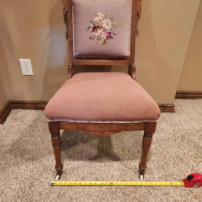 Antique Victorian EASTLAKE Walnut & Needlepoint Carved Fire Place Side Chair