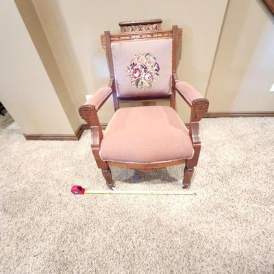 1930s Antique Needlepoint Rolling Chair Eastlake
