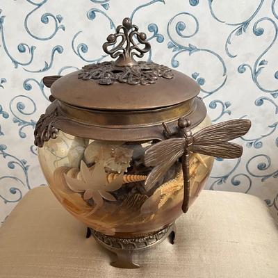 957 Castilian Cut Glass Antique Metal Finish Dragonfly Etched Bowl with Shells