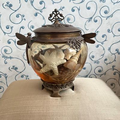 957 Castilian Cut Glass Antique Metal Finish Dragonfly Etched Bowl with Shells