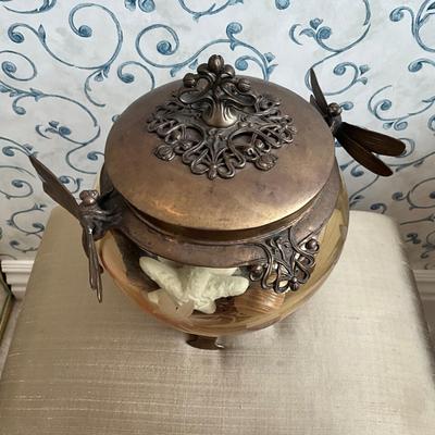 957 Castilian Cut Glass Antique Metal Finish Dragonfly Etched Bowl with Shells