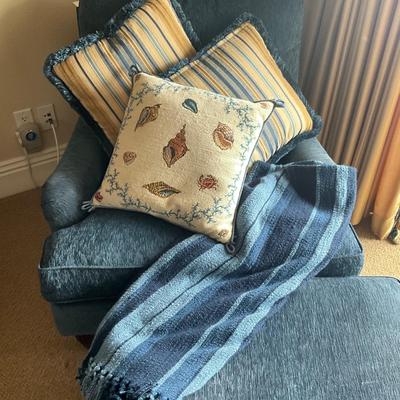 971 Pottery Barn Throw with Shell Needlepoint Pillows and Two Decorative Pillows
