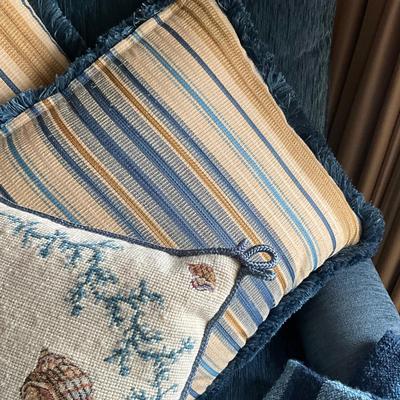 971 Pottery Barn Throw with Shell Needlepoint Pillows and Two Decorative Pillows