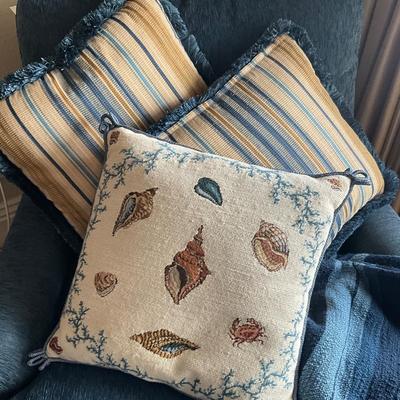 971 Pottery Barn Throw with Shell Needlepoint Pillows and Two Decorative Pillows