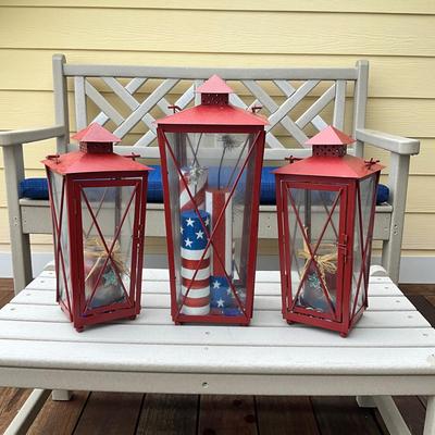 979 Set of Three Red Metal Lanterns wit Flag Candles