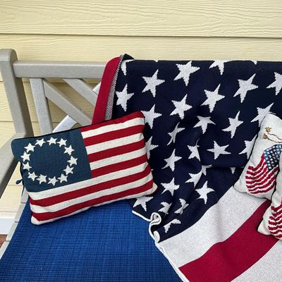 984 New Knit American Flag Throw Blanket with 3 Needlepoint Pillows