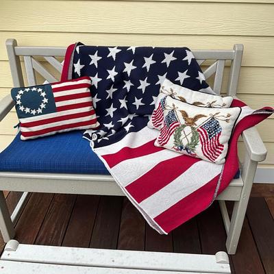 984 New Knit American Flag Throw Blanket with 3 Needlepoint Pillows