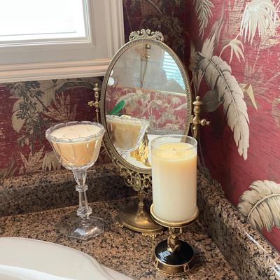 1008 Brass Swivel Vanity Mirror with St. John Enameled Monkey Candle Stand and Candle