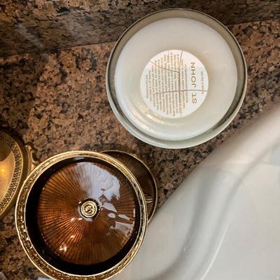 1008 Brass Swivel Vanity Mirror with St. John Enameled Monkey Candle Stand and Candle