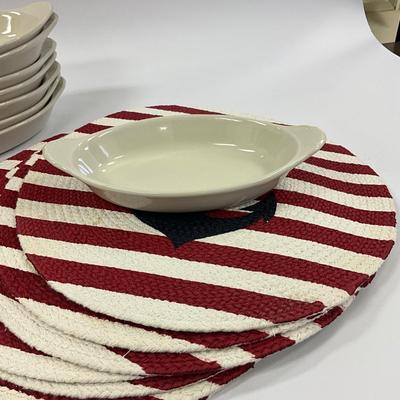1032 Set of 13 Gratin Hall Ironstone Dishes with Anchor Placemats