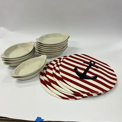 1032 Set of 13 Gratin Hall Ironstone Dishes with Anchor Placemats