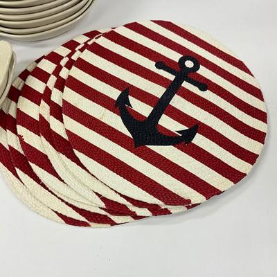 1032 Set of 13 Gratin Hall Ironstone Dishes with Anchor Placemats