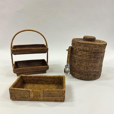 1034 Rattan Napkin Holder , Ice Bucket, Two Tier Handle Tray
