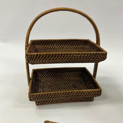 1034 Rattan Napkin Holder , Ice Bucket, Two Tier Handle Tray
