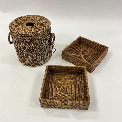 1035 Rattan Ice Bucket, Two Napkin Holders