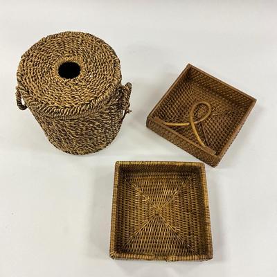1035 Rattan Ice Bucket, Two Napkin Holders
