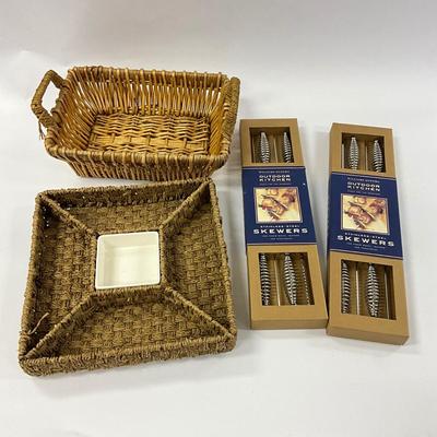 1036 Two Sets of 4 New Williams Sonoma Skewers with Chip and Dip Tray