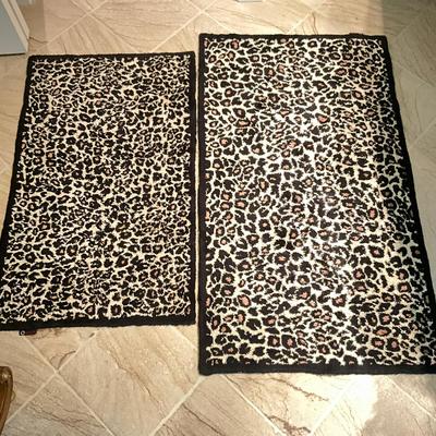 893 Set of Two Leopard Print Bath Mats & One Black Bath Mat