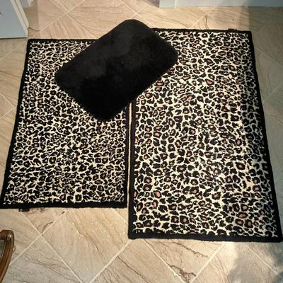 893 Set of Two Leopard Print Bath Mats & One Black Bath Mat