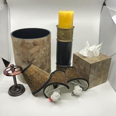 894 Lot of Leopard Trash Bin, Tissue Box, Elephant Design Candle Holder, Bronze Faux Tooth Brush, and Four Leopard Nightlights With Shades