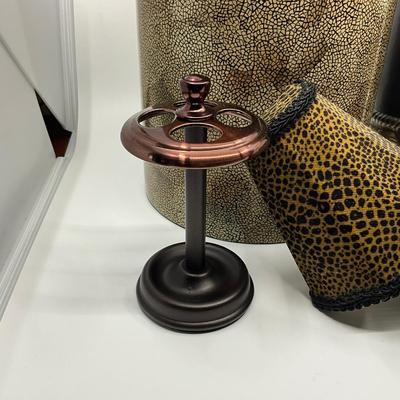 894 Lot of Leopard Trash Bin, Tissue Box, Elephant Design Candle Holder, Bronze Faux Tooth Brush, and Four Leopard Nightlights With Shades