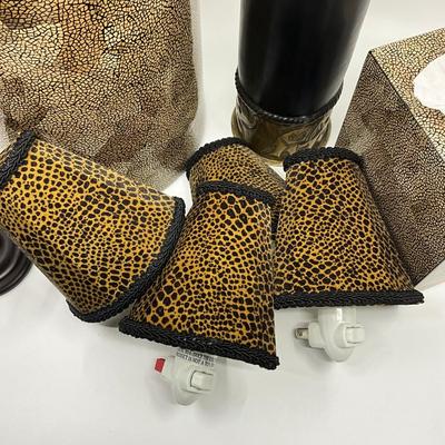 894 Lot of Leopard Trash Bin, Tissue Box, Elephant Design Candle Holder, Bronze Faux Tooth Brush, and Four Leopard Nightlights With Shades