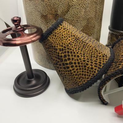 894 Lot of Leopard Trash Bin, Tissue Box, Elephant Design Candle Holder, Bronze Faux Tooth Brush, and Four Leopard Nightlights With Shades