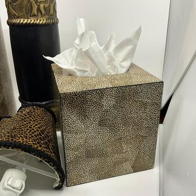 894 Lot of Leopard Trash Bin, Tissue Box, Elephant Design Candle Holder, Bronze Faux Tooth Brush, and Four Leopard Nightlights With Shades