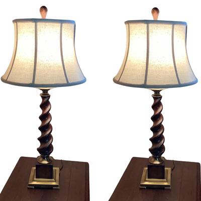 898 Pair of Uttermost Lighting Brass/Wood Twist Lamps