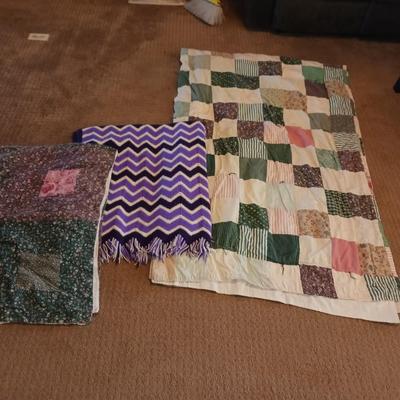 HANDMADE AFGHAN, PATCHWORK THROW &V A SMALL QUILT