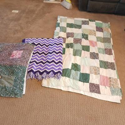 HANDMADE AFGHAN, PATCHWORK THROW &V A SMALL QUILT