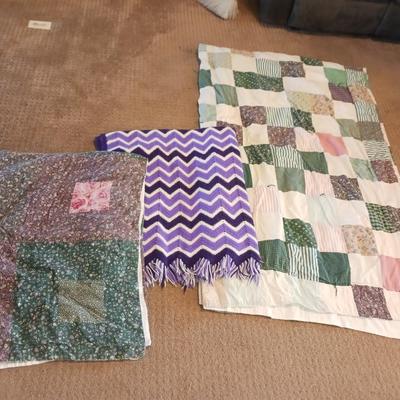 HANDMADE AFGHAN, PATCHWORK THROW &V A SMALL QUILT