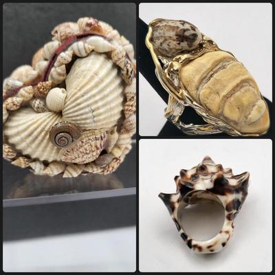 Shell Encrusted Heart Box & Two Large Shell Rings
