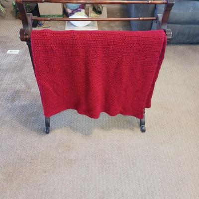 HANDMADE AFGHAN AND A WOODEN AFGHAN HOLDER