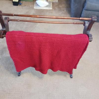 HANDMADE AFGHAN AND A WOODEN AFGHAN HOLDER