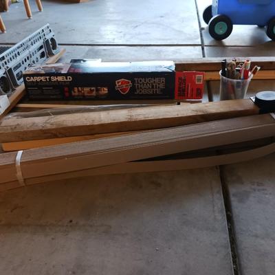 CARPET SHIELD, SAWHORSE LEGS, CARDBOARD SHIMS AND MORE