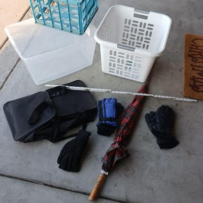 BASKETS, DUFFLE BAG, UMBRELLA, GLOVES