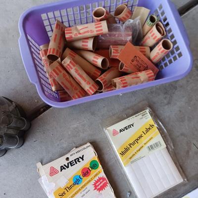 COIN COUNTER AND ROLLS, LABELS AND PENS