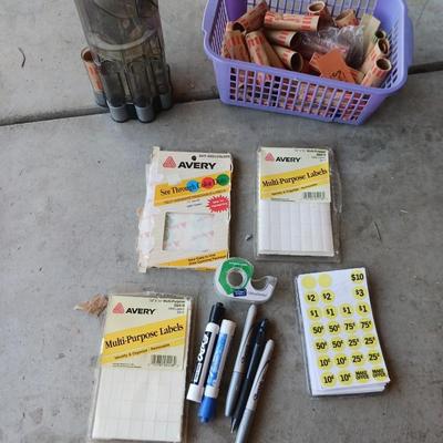 COIN COUNTER AND ROLLS, LABELS AND PENS