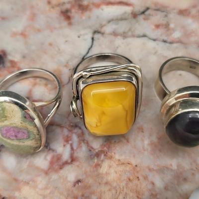 Three SS Rings - Ruby In Zoisite, Natural Amber & Opal 24.7gr