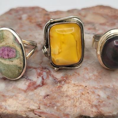 Three SS Rings - Ruby In Zoisite, Natural Amber & Opal 24.7gr