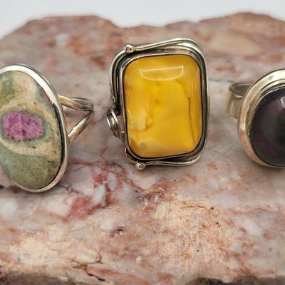 Three SS Rings - Ruby In Zoisite, Natural Amber & Opal 24.7gr