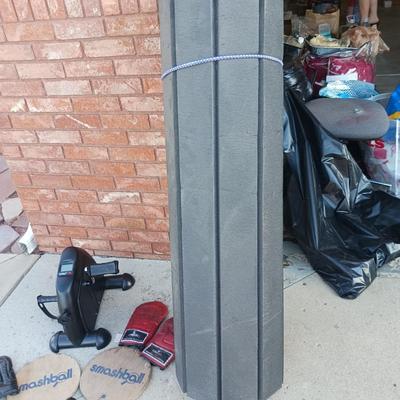 FOAM WORKOUT MAT, STATIONARY PEDALING, BOXING GLOVES, SPEED BAG